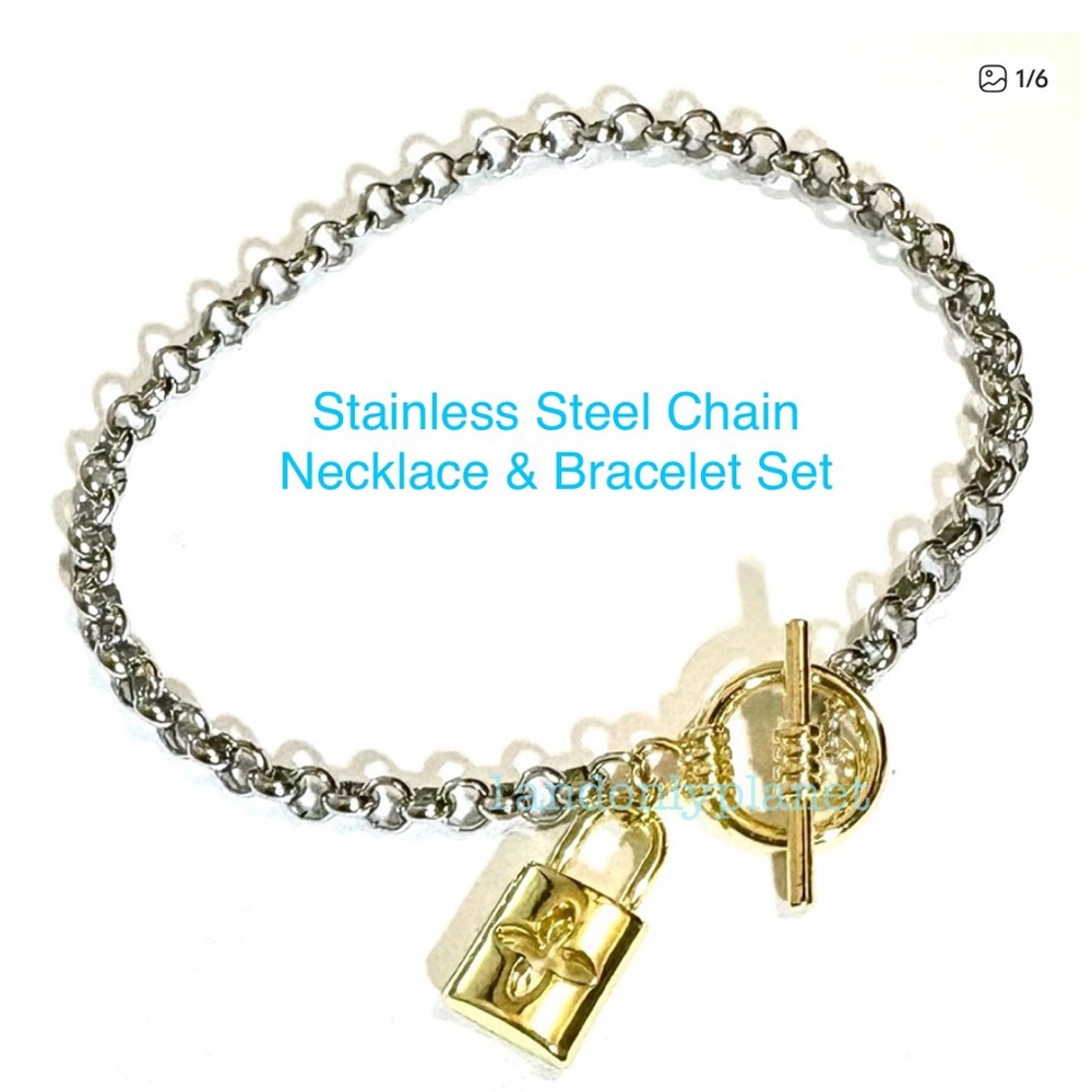 Last Set❣️Gold Lock Charm Necklace & Bracelet Stainless Steel ChainOR 915 Silver - Picture 5 of 7